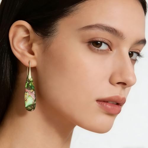 Boho Natural Imperial Jasper Teardrop Dangle Earrings for Women – Hypoallergenic French Hook Stone Drop Earrings Jewelry - color: Green Golden Hook #2