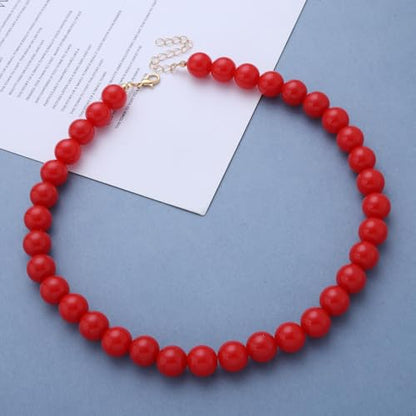Boho Gothic Thick Red Pearl Necklace Pendant Cute Chunky Seed Bead Chain Choker Dainty Round Beaded Strand Collar Short Simple Delicate Statement Exaggerated Minimalist Jewelry for Women