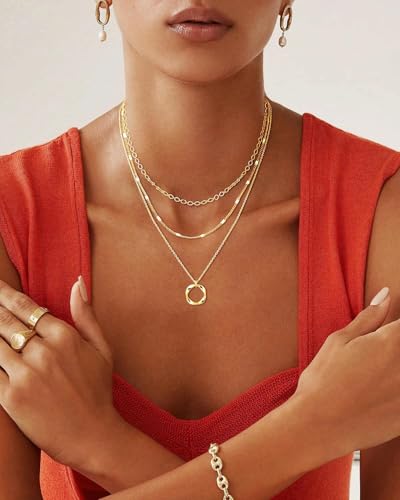 14K Gold Silver Plated Layered Necklaces for Women Trendy | Necklaces for Women Trendy, Stackable Dainty Chain Necklace, Beach Cute Fashion Pendant Choker Necklace, Jewelry Set Gifts - color: 3PCS / Twisted Circle & 2 Chains