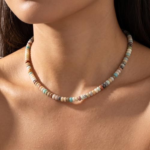 CONRAN KREMIX Colorful Stone Beaded Necklace for Women,Natural Gemstone Bead Choker Necklaces Boho Summer Beach Layering Necklace Jewelry Gift for Women - color: Amazonite