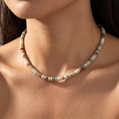 CONRAN KREMIX Colorful Stone Beaded Necklace for Women,Natural Gemstone Bead Choker Necklaces Boho Summer Beach Layering Necklace Jewelry Gift for Women - color: Amazonite