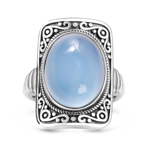 Big Oval Stone Ring,Rectangle Square Vintage Retro Sterling Silver Natural Crystal Quartz Gemstone Boho Bohemian Statement Ring Jewelry for Women Her - color: A05_Light-Blue Agate