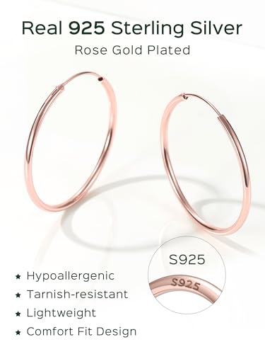 ChicSilver 925 Sterling Silver Hoop Earrings for Women Hypoallergenic, Lightweight Large Gold Plated Silver Hoop Earrings, Endless Hoops Earring 20/30/40/50/60/70MM - color: A. High Polished Rose Gold, size: 40mm