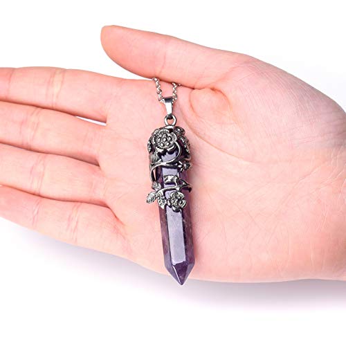 Top Plaza Flower Wrapped Natural Purple Amethyst Crystal Necklace | Antique Silver Healing Crystal Gemstone Necklaces for Women Mothers Day Mom Gifts - color: Amethyst