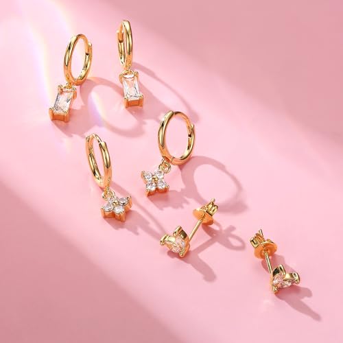 Sterling Silver Earrings Stacks for Women, Hypoallergenic Cartilage Earring | Dainty Stud Huggie Hoop Dangle Chain Earrings, 14K Gold/White Gold Plated - color: 3Pairs-Square CZ Set-Gold
