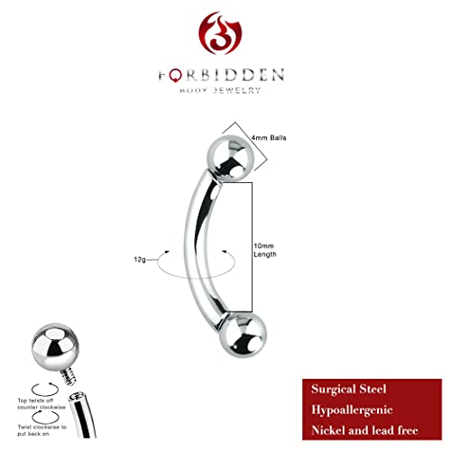 Forbidden Body Jewelry Curved Barbell Piercing Jewelry - 00GA-16GA Silver Eyebrow Piercing - Surgical Steel Snake Eye Frog Eyes Tongue Rings & Belly Rings for Women (6/14mm Bar, 3/12mm Balls) - style: 12GA, 10mm Length, 4mm Balls