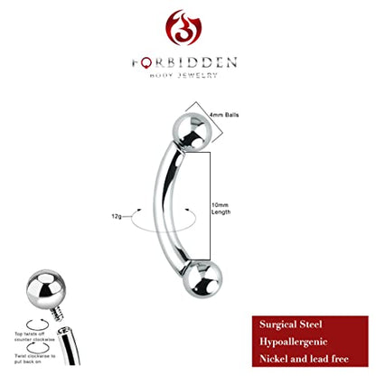 Forbidden Body Jewelry Curved Barbell Piercing Jewelry - 00GA-16GA Silver Eyebrow Piercing - Surgical Steel Snake Eye Frog Eyes Tongue Rings & Belly Rings for Women (6/14mm Bar, 3/12mm Balls) - style: 12GA, 10mm Length, 4mm Balls