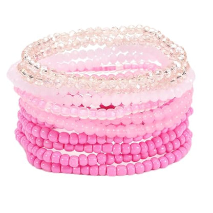Caiyao 12Pcs Bohemia Multilayer Resin Seed Beaded Stackable Bracelets Colorful Crystal Glass Beads Stretch Bracelet BFF Friendship Elastic Wristbands for Women Men Summer Beach Boho Vacation Jewelry - color: Pink