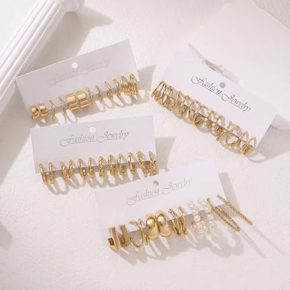 14K Gold Plated Geometric Hoop Earrings for Women Chunky Hypoallergenic Thick Lightweight Jewelry - color: Gold-24 Pairs-B