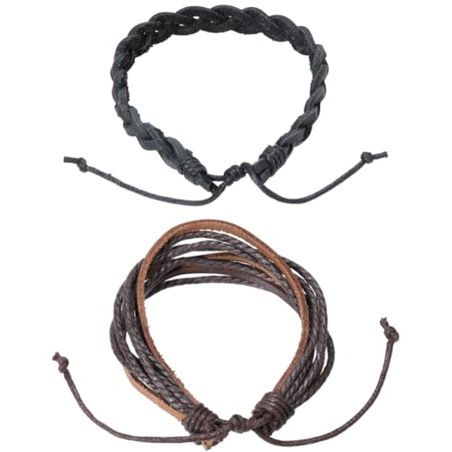 2 Styles Braided Genuine Leather Bracelets Brown Cowhide Layered Cuff Wrap Adjustable Rustic Leather Wrist Band Multilayer Rope Bracelet Wristband for Men Women Daily Wear Costume Party Gift - style: 2 styles 1