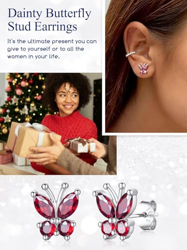 Suplight Butterfly Stud Earrings 925 Sterling Silver 14K Gold Brithstone Earrings for Women Brithstone Jewelry Gifts - color: 07.July( Ruby), size: Silver