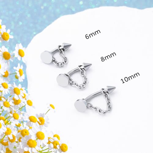3 Pcs 316L Stainless Steel 16G Tragus Helix Rook Piercing Jewelry with Chain, Cartilage Earrings for Women, Belly Button Ring Vertical Labret Lip Piercing Jewelry - color: Silver, size: Disc