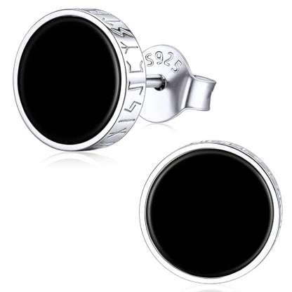 ChicSilver 925 Sterling Silver Viking Rune Natural Black Onyx Stud Earrings For Women Men - style: A: Side Runes-Silver 10mm