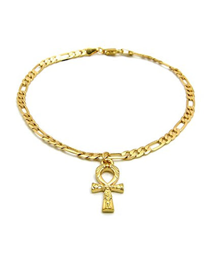 Fashion 21 Women's Cross, Ankh, Queen Nefertiti Piece 10 inches Figaro Chain Anklet Foot Bracelet in Gold Tone - style: Mini Ankh / Figaro