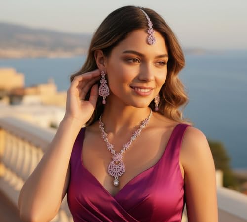 Touchstone Indian jewelry sets for women maang tikka wedding guest gold necklace bollywood jewellery set pageant elegant prom bride accessories western crystal chunky rhinestone necklaces - color: Pink rose in silver plating
