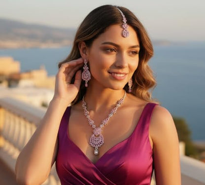 Touchstone Indian jewelry sets for women maang tikka wedding guest gold necklace bollywood jewellery set pageant elegant prom bride accessories western crystal chunky rhinestone necklaces - color: Pink rose in silver plating