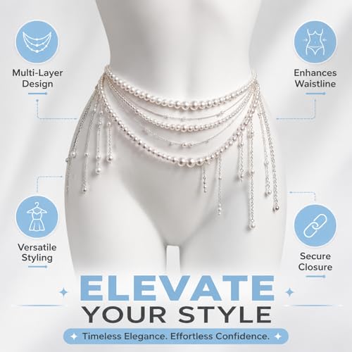 Pearl Waist Chain, Chain & Waist Belt for Women, Hip & Bride Waist Chain, Multilayer Tassel Belly Pearl Body Chain for Wedding Dress