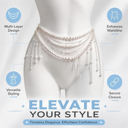 Pearl Waist Chain, Chain & Waist Belt for Women, Hip & Bride Waist Chain, Multilayer Tassel Belly Pearl Body Chain for Wedding Dress
