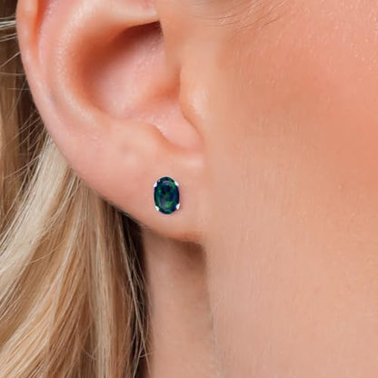 Gem Stone King Oval Gemstone Birthstone Stud Earrings for Women Men | Oval Cut 7X5MM | Fine Jewelry Gifts for Mom Dad Wife Him Her - style: Green Simulated Opal-Cabochon, October
