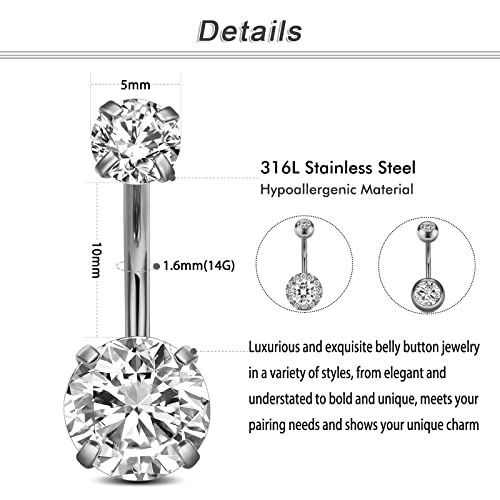Incaton 14G Belly Button Rings, Stainless Steel Diamond Short Bar Belly Rings For Women, 6mm/10mm Hypoallergenic Navel Piercings With Gift Velvet Pouch - color: Silver 10mm