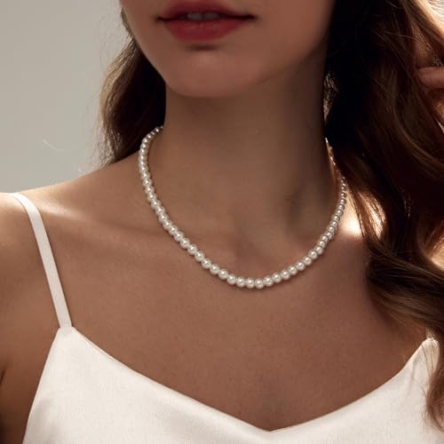 Zeffy Pearl Necklace 4MM/6MM/8MM Dainty Round Imitation Pearl Choker Necklace Wedding Pearl Necklace Delicate Jewelry for Women Simple Bridesmaid Jewelry Gifts - style: 6mm Gold Pearl Necklace(14"+2")