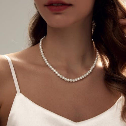 Zeffy Pearl Necklace 4MM/6MM/8MM Dainty Round Imitation Pearl Choker Necklace Wedding Pearl Necklace Delicate Jewelry for Women Simple Bridesmaid Jewelry Gifts - style: 6mm Gold Pearl Necklace(14"+2")