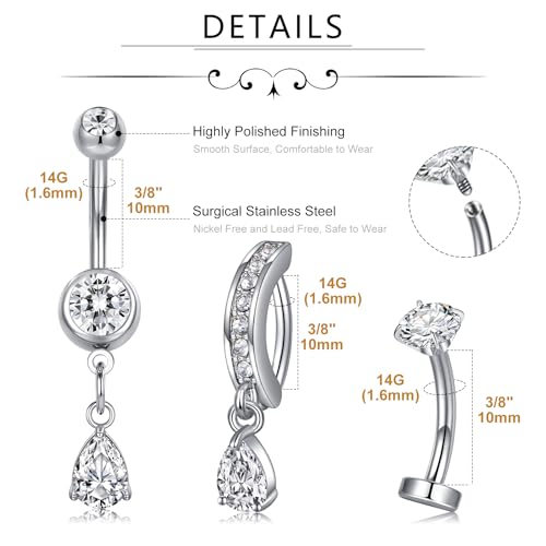 MODRSA Dangle Belly Button Ring Dangling Silver Gold Dangly Belly Piercing Jewelry Hypoallergenic Surgical Steel Butterfly Flower Navel Rings for Women Clicker Navel Piercings Pink - color: A1-3styles -silver