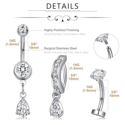 MODRSA Dangle Belly Button Ring Dangling Silver Gold Dangly Belly Piercing Jewelry Hypoallergenic Surgical Steel Butterfly Flower Navel Rings for Women Clicker Navel Piercings Pink - color: A1-3styles -silver