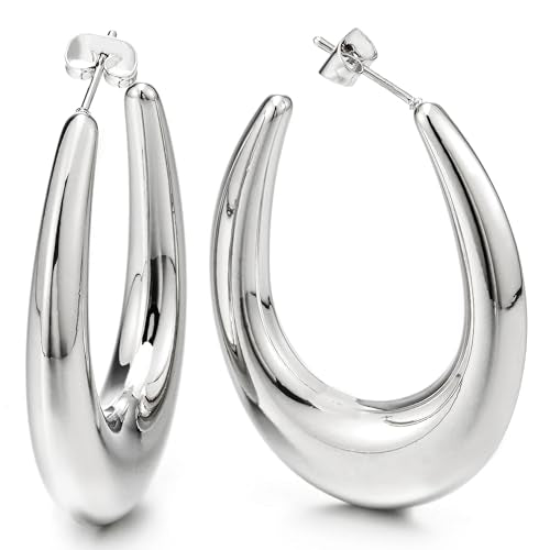 Women’s Stainless Steel Polished Teardrop Hoop Earrings Silver Tone Bold Oval Statement Style