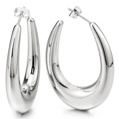 Women’s Stainless Steel Polished Teardrop Hoop Earrings Silver Tone Bold Oval Statement Style