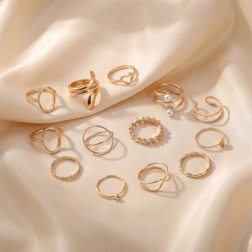 42-Piece Gold Tone Stackable Ring Set for Women, Boho Minimalist Stacking Rings with Crystal & Heart Accents, Adjustable Open Band Jewelry for Daily Wear - style: TZJ-003354-01