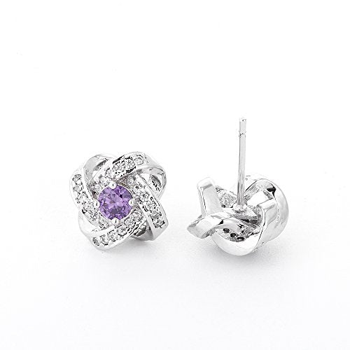 AMYJANE Bridal Jewelry Set for Women - Crystal Cubic Zirconia Love Knot Necklace Stud Earrings Elegant CZ Jewelry Set for Wedding Bride Bridesmaids Gift Set - color: Amethyst(14k White Gold Plated)