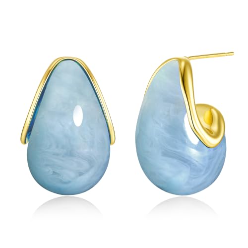 SNGIA Oval C Shape Chunky Dangle 18K Gold Plated Hoops with Colored Resin Gemstone Statement Earrings for Women by SNGIA, (Green, Brown, Blue, Pink, White, Cream), Long Bold Drop Handmade Exaggerated Irregular Trendy Bohemian Jewelry Gifts, Unique Danglin