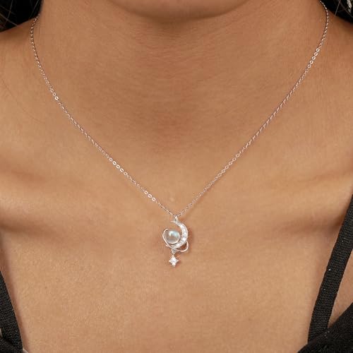 925 Sterling Silver Crescent Necklace Moon Star Pendant for Women | 14K Gold Plated Crystal Moon Necklace Dainty CZ Birthstone Ramadan Moonstone Necklace Birthday Jewelry for Mom Wife Daughter - color: Silver
