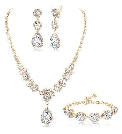 Jstyle Rhinestone Wedding Jewelry Sets for Brides, Brides Bridesmaid Sets | Non Tarnish Bridal Jewelry Set, Crystal Teardrop Pendants Necklace Bracelet,Clip On Earrings, Wedding Prom Jewelry Set - color: Gold Tone