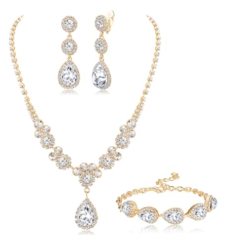 Jstyle Silver Wedding Jewelry Sets for Brides, Necklace and Earring Set | Non Tarnish Bridal Jewelry Set, Teardrop Pendants Necklace Bracelet Crystal Clip On Earrings Bridesmaid Wedding Prom Jewelry - color: Gold Tone