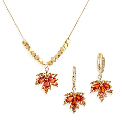 Gold Silver Stud Earrings Pendent Necklace Sets for Women, Dainty Rhinestone Crystal Necklace Earing Jewelry Set Wedding Accessories Fashion Holiday Gift - color: MapleLeaf