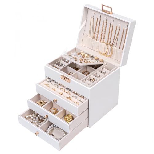 Leather Jewelry Box with Lock for Women, 4-Tier 3-Drawer Large Capacity Organizer, Vanity Storage Case for Earrings Rings Necklaces, Elegant Gift for Her (White, 9" L x 6.7" W x 7" H) - color: White, size: Large size