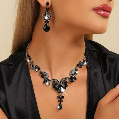 Sixexey Rhinestone Jewelry Set Crystal Necklace and Earrings Wedding Prom Jewelry Accessories for Women - color: Black