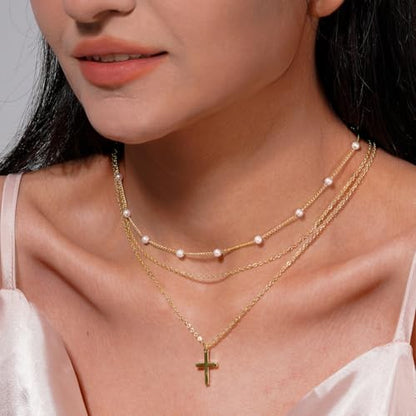 Layered Necklaces for Women | 14K Gold Plated Stackable Choker Necklace Set - Dainty Jewelry Gift - style: 3PCS-Gold Cross layered necklaces
