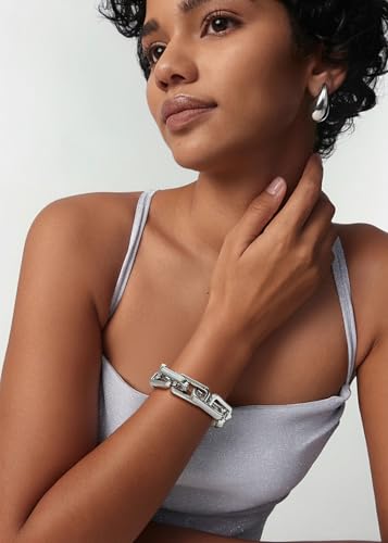 WOWORAMA Chunky Chain Bracelet for Women, Gold/Silver | Adjustable Elastic Stretch Bracelet, Thick Chunky Link Bracelet, Statement Jewelry - color: Square-Silver