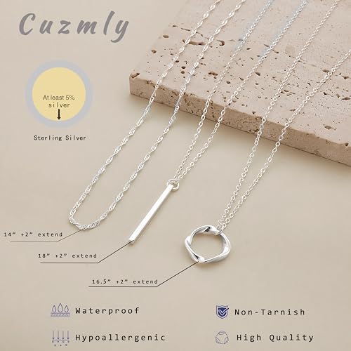 Cuzmly Layered Silver Necklaces for Women, Sterling Silver Stackable Stack Choker Necklaces for Women Trendy Layering Circle Pendant Chain Necklace Set Jewelry for Women - style: Bar