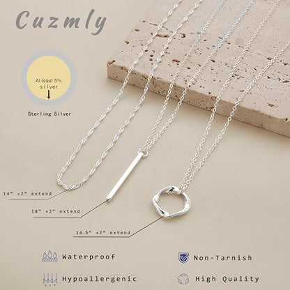Cuzmly Layered Silver Necklaces for Women, Sterling Silver Stackable Stack Choker Necklaces for Women Trendy Layering Circle Pendant Chain Necklace Set Jewelry for Women - style: Bar
