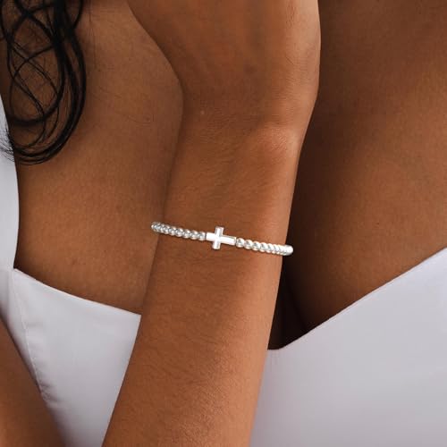 Beaded Bracelets for Women 14K Silver Gold Plated Stretch Handmade Ball Bracelets Cute Charm Bracelet Dainty Stackable Cross Heart Bow Wave CZ Circle Trendy Jewelry Easter Gifts - color: cross-silver