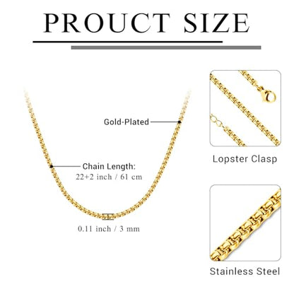 Eusense Stainless Steel Chain Necklace for Men Women Rolo/Wheat/Snake/Box Chain, 2-3MM, 20-24 Inches with Delicate Gift Box - color: 18K Gold-Plated, size: 22+2 Inches Length, style: Rolo Chain-3MM Width