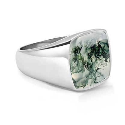 Square Cut Tiger Eye/Black Onyx/Turquoise/Lapis/Moss Agate Rings for Men 925 Sterling Silver 10K 14K 18K Gold Signet Rings for Men - style: Moss Agate