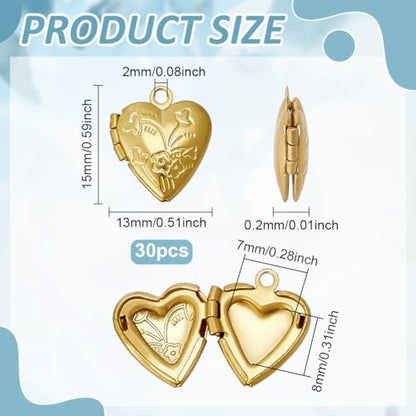WEBEEDY 30 PCS Gold Heart Locket Pendants Small Brass Photo Frame Charms Personalized Heart Locket Necklace Memory Photo Charms for DIY Crafts Keychain Jewelry Making Love Wedding Gift Decorations