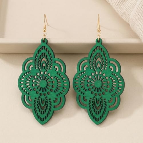 Boho Black Filigree Dangle Earrings for Women, Lightweight Hollow Lace Drop, Wood, 3.34" x 1.69", Bohemian Jewelry - color: Green