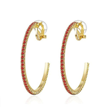 YOQUCOL 4.3CM(1.7in) Clip On Hoop Earrings Cubic Zirconia Non Pierced Ears Hoops for Women - color: Gold-Red
