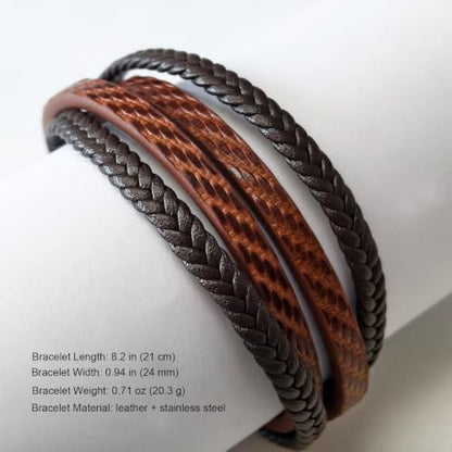 Italian Handmade Leather Bracelets for Men - color: Brown Black Set, size: 8.2"